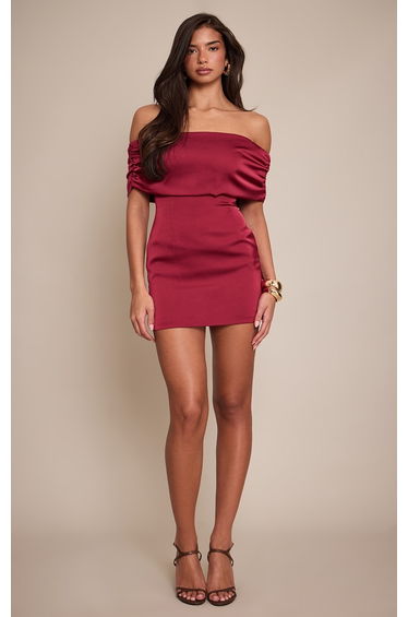 Wine Satin Off The Shoulder Mini Dress