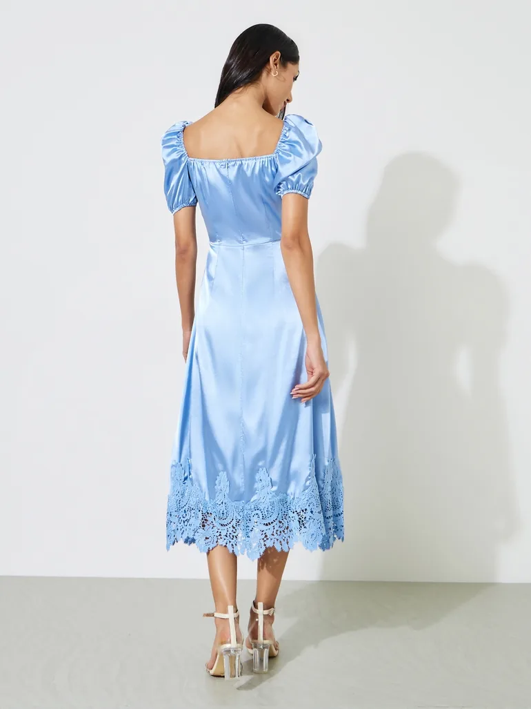 Blue Solid Lace Hem Puff Sleeves Midi Dress - 3