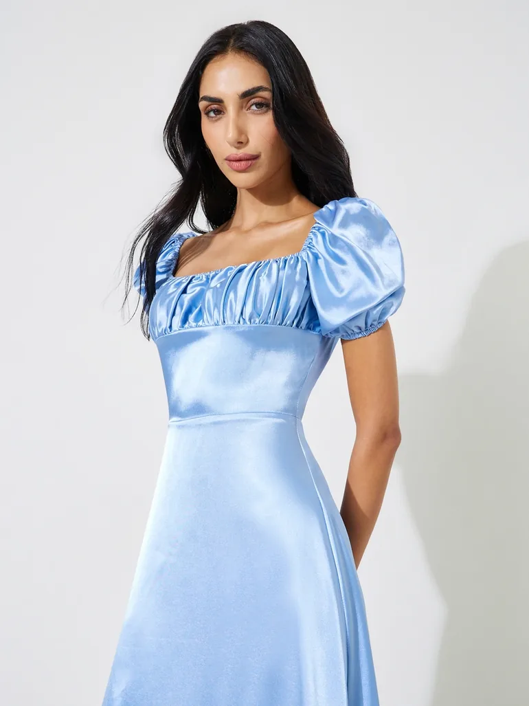 Blue Solid Lace Hem Puff Sleeves Midi Dress - 1