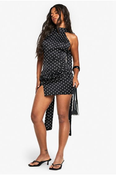 Satin Polka Dot High Neck Mini Dress - black