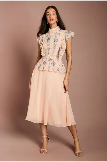 Embellished Frill Detail Midi Dress