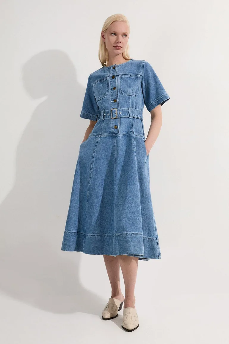 Denim Soft Wash Short Sleeve Belted Midi Dress