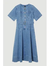 Denim Soft Wash Short Sleeve Belted Midi Dress - 3