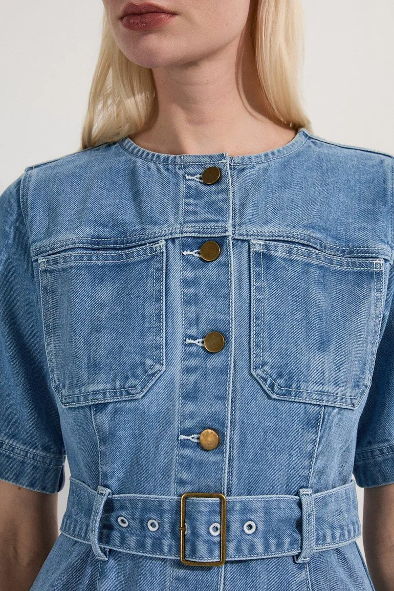 Denim Soft Wash Short Sleeve Belted Midi Dress - 1
