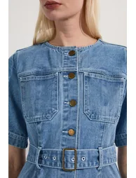 Denim Soft Wash Short Sleeve Belted Midi Dress - 1