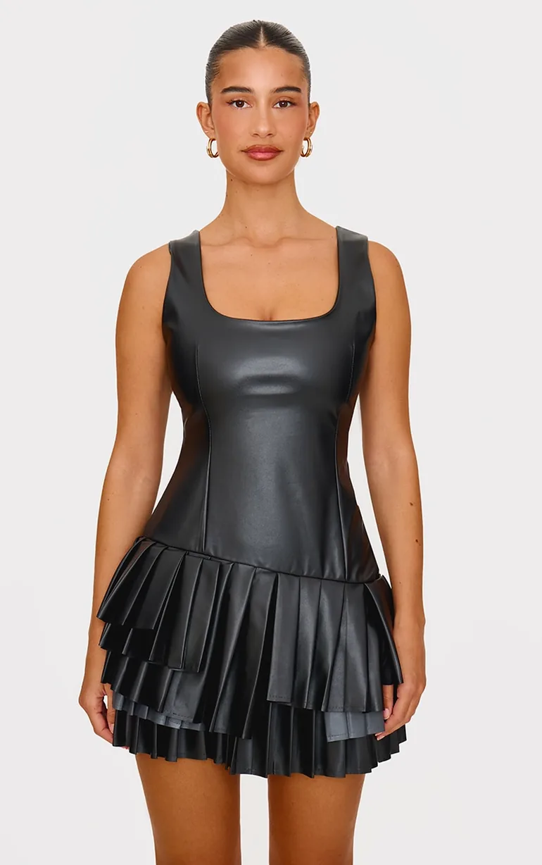 slim fit dress slacks Faux Leather Strapless Fit & Flare Pleated Dress Black / Small main image 1