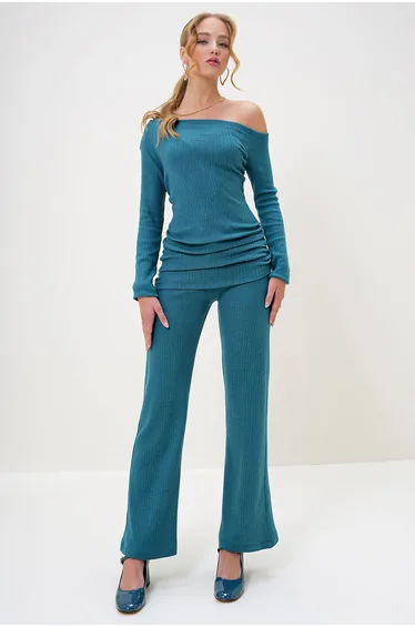 Women's Petrol Boat Neck Side Draped Interlock Fabric Blouse and Trouser Set