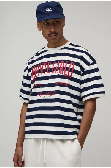 Oversized Boxy Stripe Monte Carlo Print T-Shirt - navy