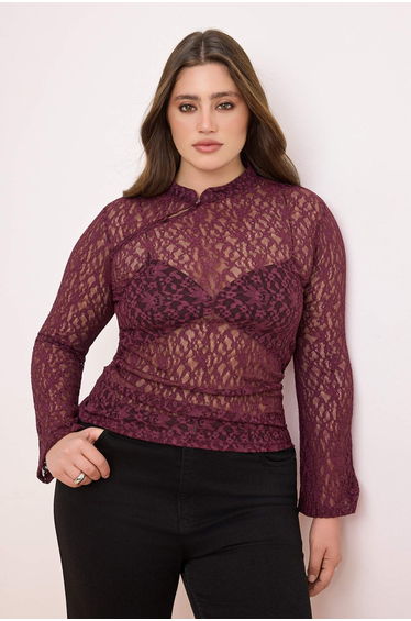 Plum Button Detailed Crop Knitted Plus Size Blouse