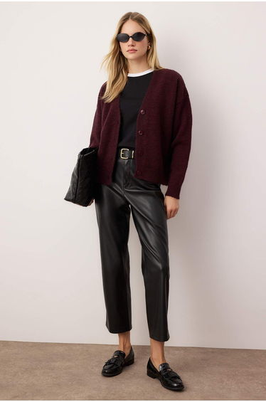 Wardrobe Essentials Burgundy Alpaca Blended Basic Knitwear Cardigan