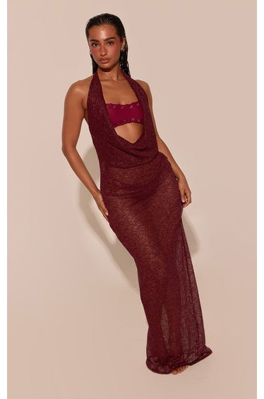 Red Sheer Glitter Cowl Neck Maxi Beach Dress