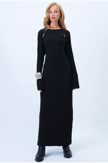 Women's Black Crew Neck Cut Out Detailed Maxi Length Knitted Dress