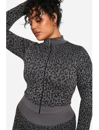 Plus Leopard Print Seamless Zip Through Jacket - grey - 3