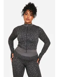 Plus Leopard Print Seamless Zip Through Jacket - grey - 1