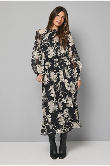 Black Floral Burn Out Shirred Midaxi Dress