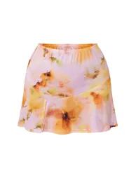 Pink Floral Print Slinky Split Hem Micro Mini Skirt - 5