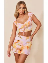 Pink Floral Print Slinky Split Hem Micro Mini Skirt - 3