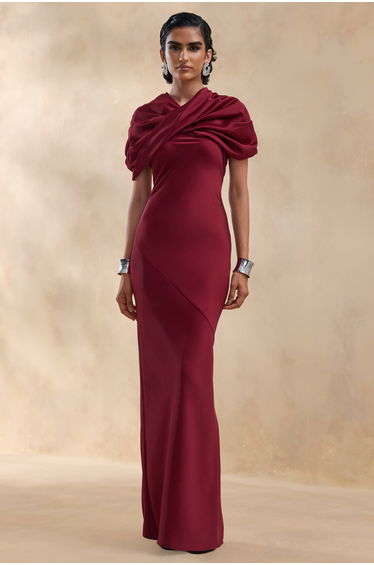 Yoli | Burgundy Satin Maxi Dress With Twist-Cape