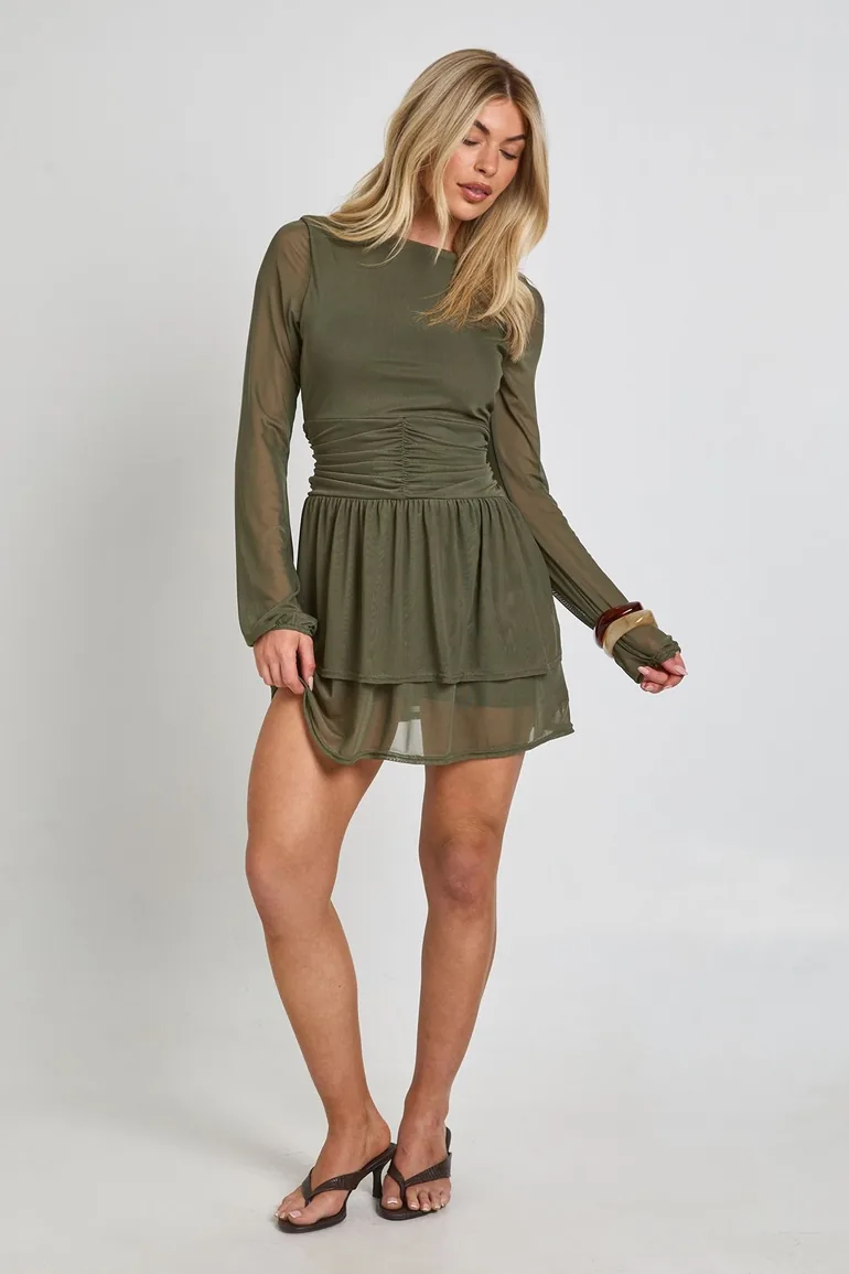 Mesh Long Sleeve Ruched Waist Skater Dress - khaki - 2