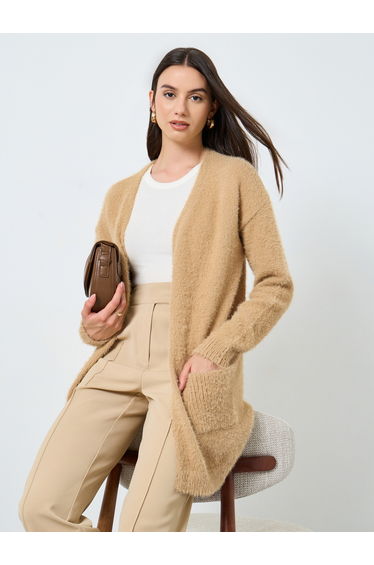 Khaki Furry Knit Longline Cardigan