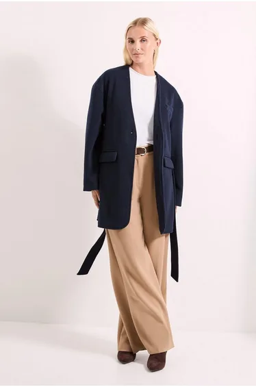 Short Tie Waist Pocket Detail Coat