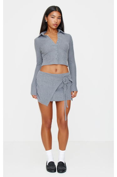 Blue Grey Brushed Texture Pleated Tie Side Mini Skirt