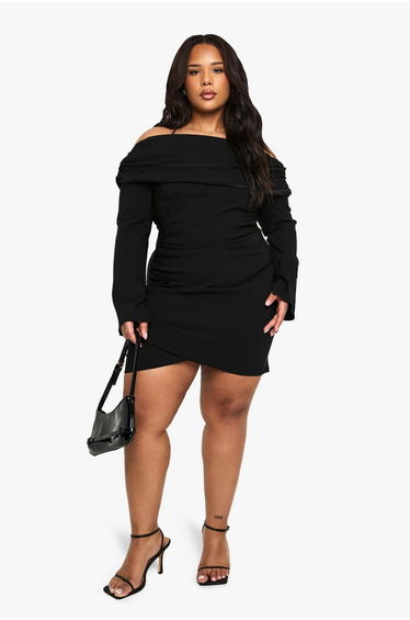 PLUS BENGALINE LONG SLEEVE BARDOT MINI DRESS - black