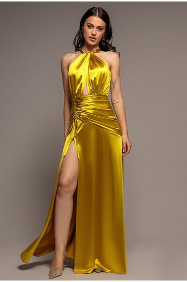Goddiva Halter Neck Front Split Satin Maxi Dress - Lime Green