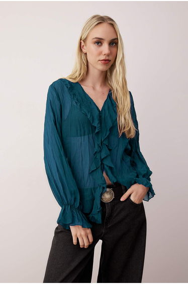 Oil crinkle look chiffon sheer shirt