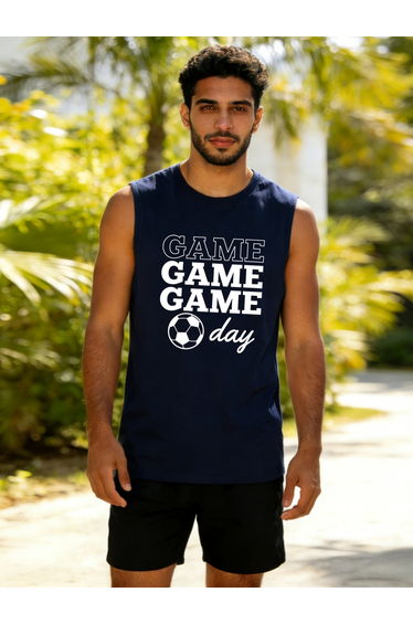 Men Dark Blue Graphic Print Round Neck Tank and Shorts Co-Ords