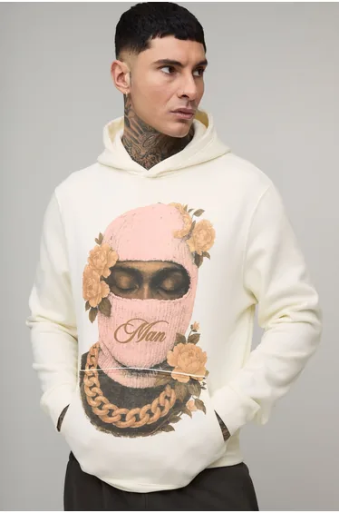 Tall Regular Fit Man Floral Ski Mask Printed Hoodie - ecru