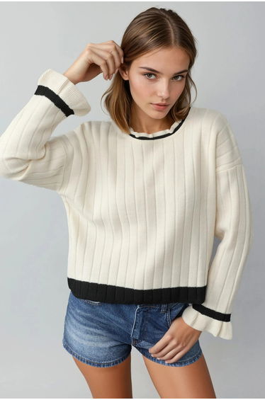 MY FASHION Striped Knit Sweater with Crew Neck