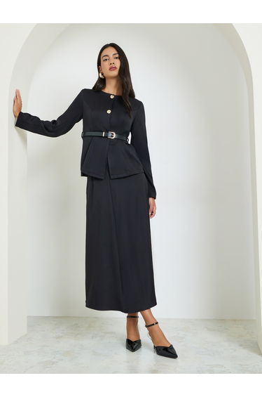 Black Belted Top with Button Detail