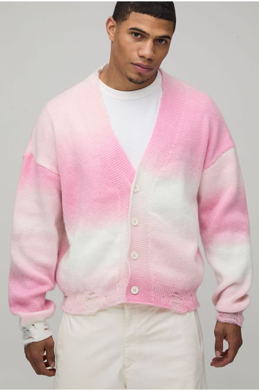 Relaxed Boxy Ombre Distressed Knitted Cardigan - pink