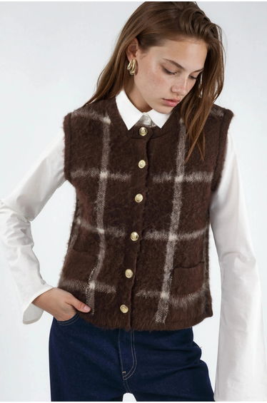Plaid Crew Neck Sweater Vest with Buttons