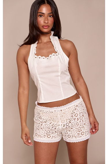 Petite White Heart Broderie Collar Fitted Sleeveless Top