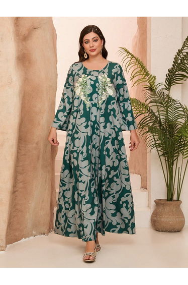 Leely Plus Middle East Arabic Muslim Abaya Women's Loose Long Sleeve Round Neck Floral Print