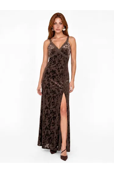 Maya Chocolate Velvet Devore Strappy Maxi Dress with Lace Trims