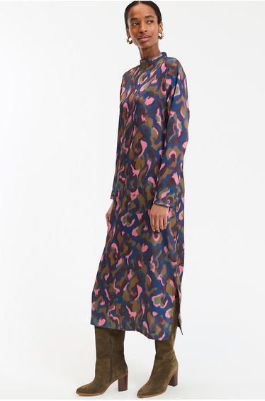 Printed Maxi Shift Dress with Long Sleeves