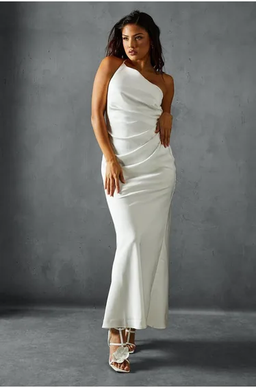 Satin Asymmetric Strap Pleated Waist Low Back Maxi Dress