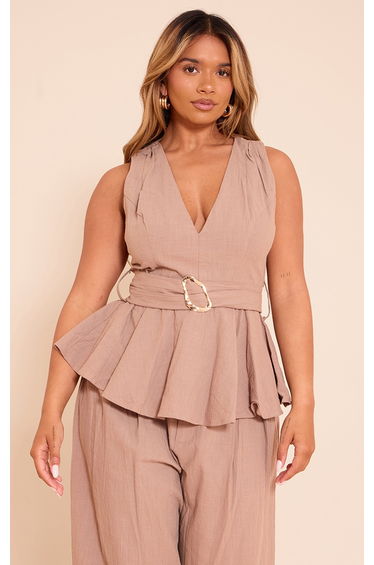 Shape Mocha Linen Gold Trim Belted Peplum Top