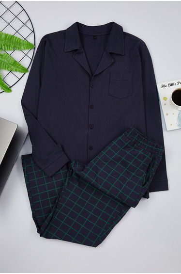 Navy Blue Men's Regular Fit Pile Detailed Knitted Pajamas Set.