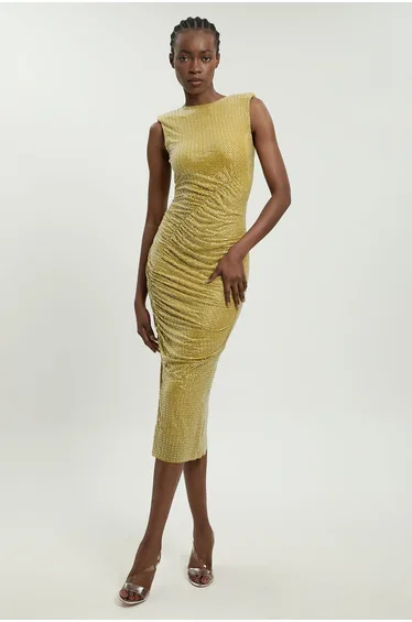 Crystal Embellished Ruched Detail Sleeveless Midi Dress