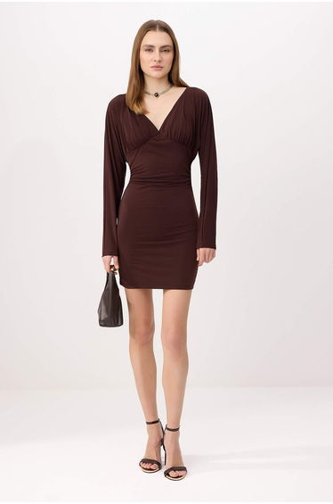 Brown Bodycon V-Neck Long Sleeve Ruched Mini Stretchy Knitted Dress