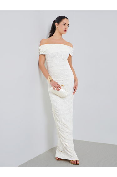 Women Cream Lace Off-Shoulder Maxi Dress