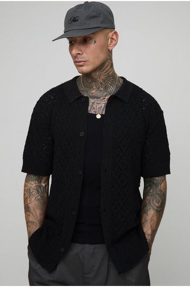 Tall Oversized Boxy Leaf Pointelle Crochet Polo