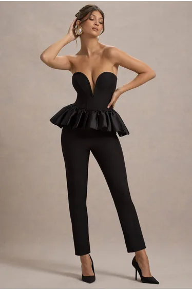 Idaho | Black Sweetheart Corset Jumpsuit With Satin Peplum