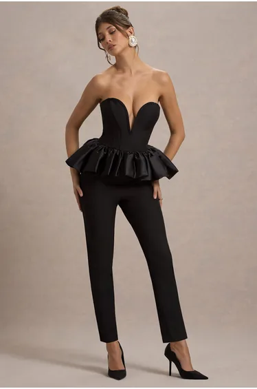 Idaho | Black Sweetheart Corset Jumpsuit With Satin Peplum