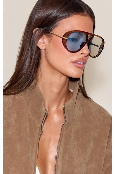 Brown Frame Blue Lens Aviator Sunglasses