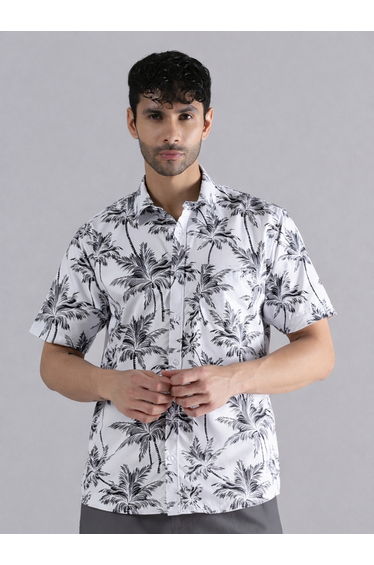 Men White Tropical Palm Print Shirt